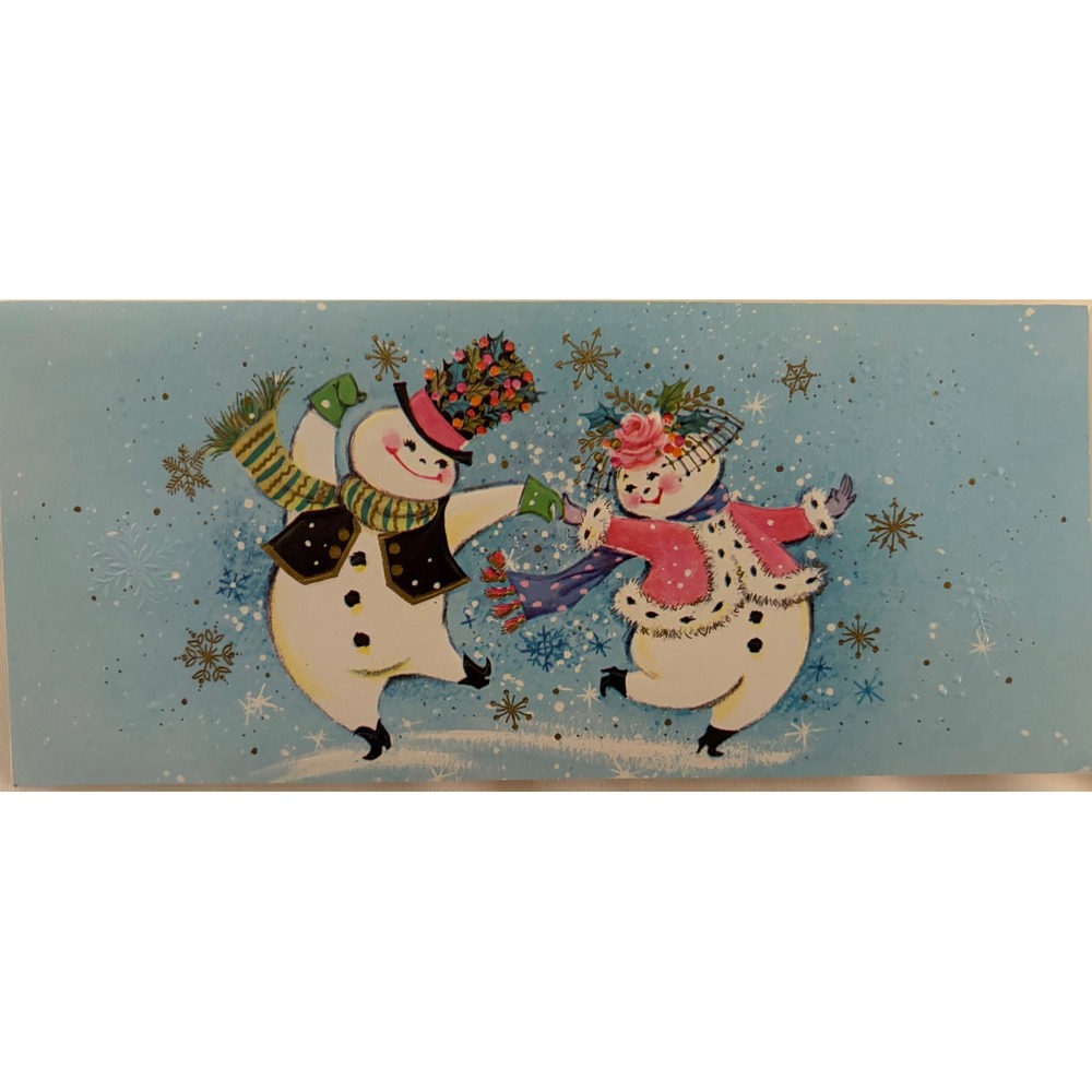 Vintage Mid Century Snowman Christmas Greeting Card Black Gold Embossed Unused